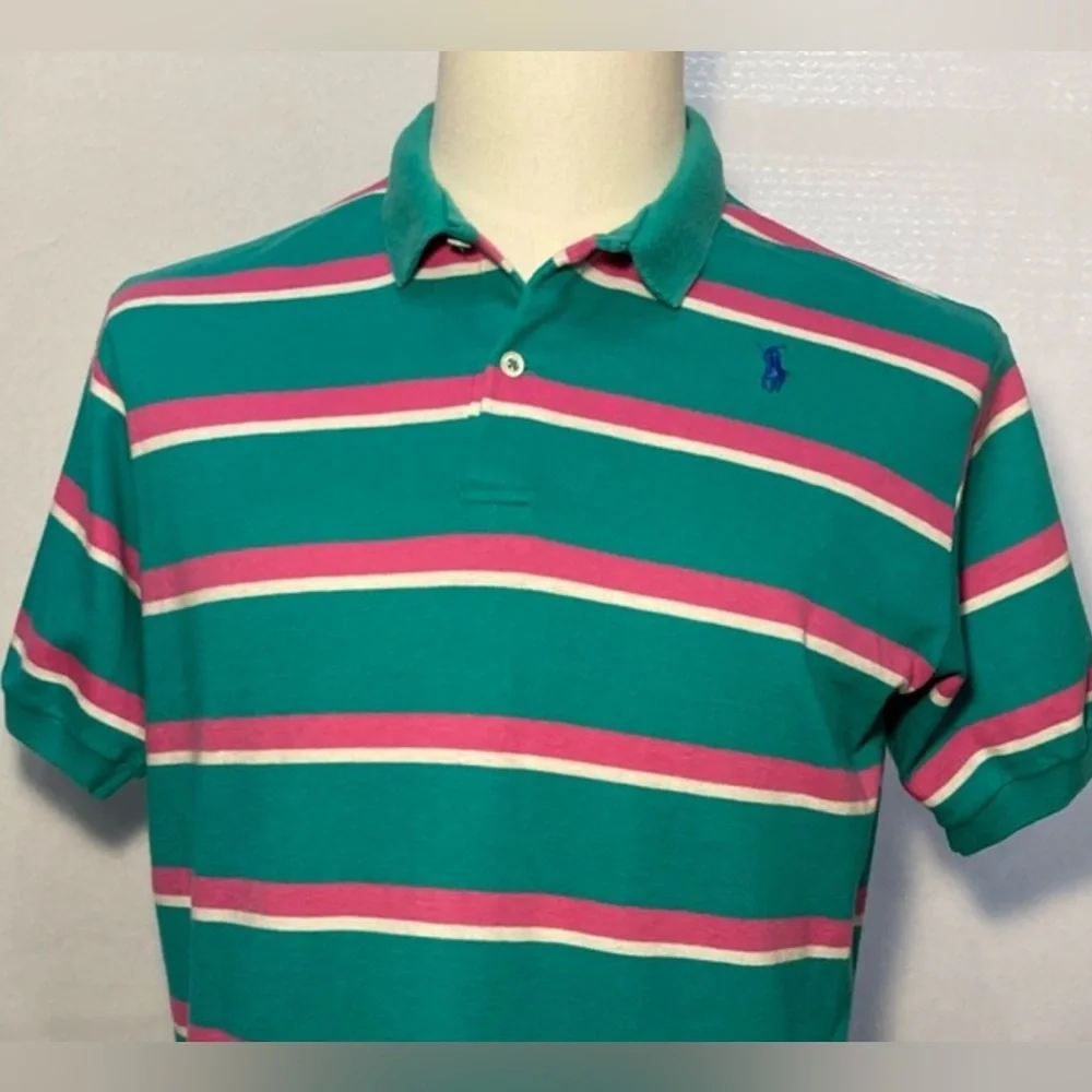 Vintage Polo Ralph Lauren Green w/Stripes Imperfection Golf S/S Shirt Men Large